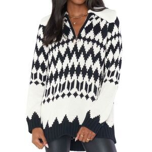 Show Me Your Mumu Women's Black Geometric Wide Collar 1/4 Zip Popover Sweater